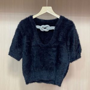 New Soft Black luxury Fuzzy Fur rhinestones tie knot pull over elegant sweater